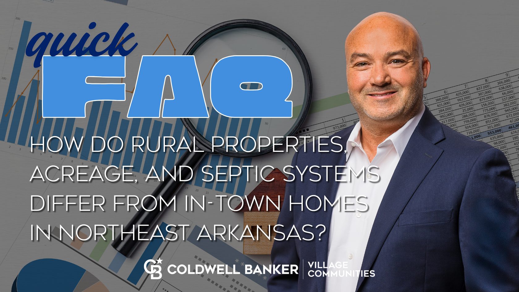 Craig Melton real estate FAQ graphic explaining how rural properties acreage and septic systems differ from in-town homes in Northeast Arkansas