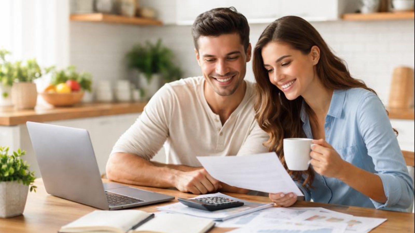 Couple reviewing home budget paperwork with a laptop and calculator at a kitchen table.