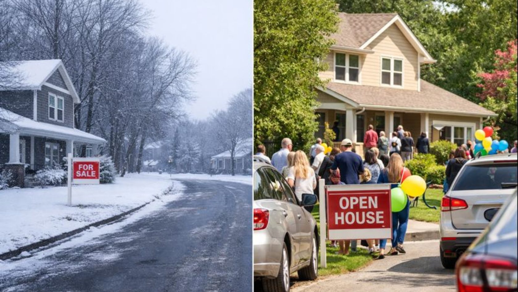 Split image showing a snowy neighborhood with a “For Sale” sign on the left and a busy spring open house with a crowd and balloons on the right.