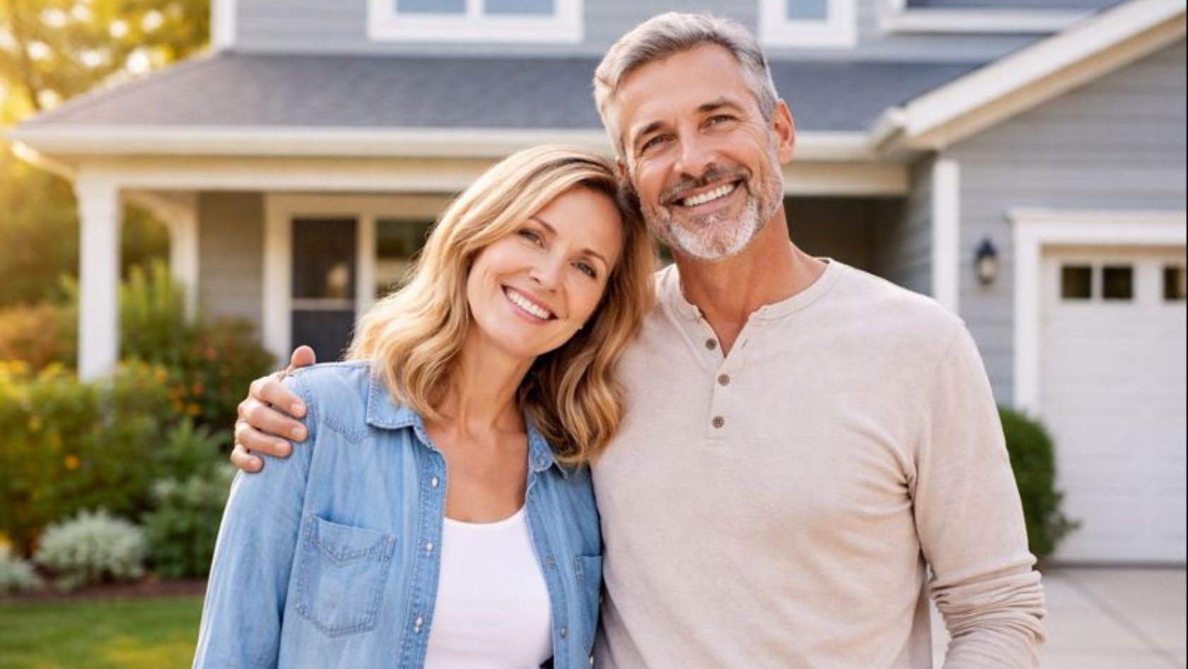 Smiling couple standing in front of their suburban home in warm sunlight.