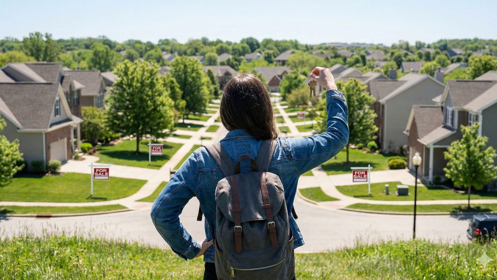 A woman with a backpack stands on a hill holding up house keys, overlooking a suburban neighborhood in Northeast Arkansas with green trees and houses.