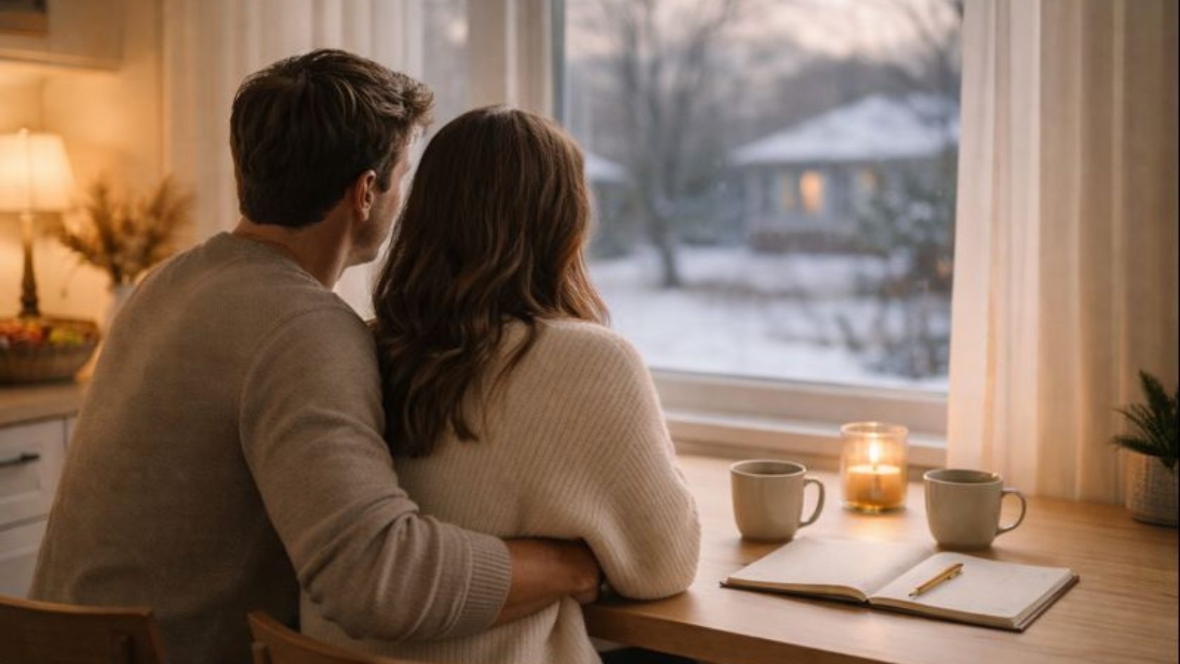 Couple sitting at a kitchen table with coffee and a notebook, looking out a window at a snowy neighborhood.