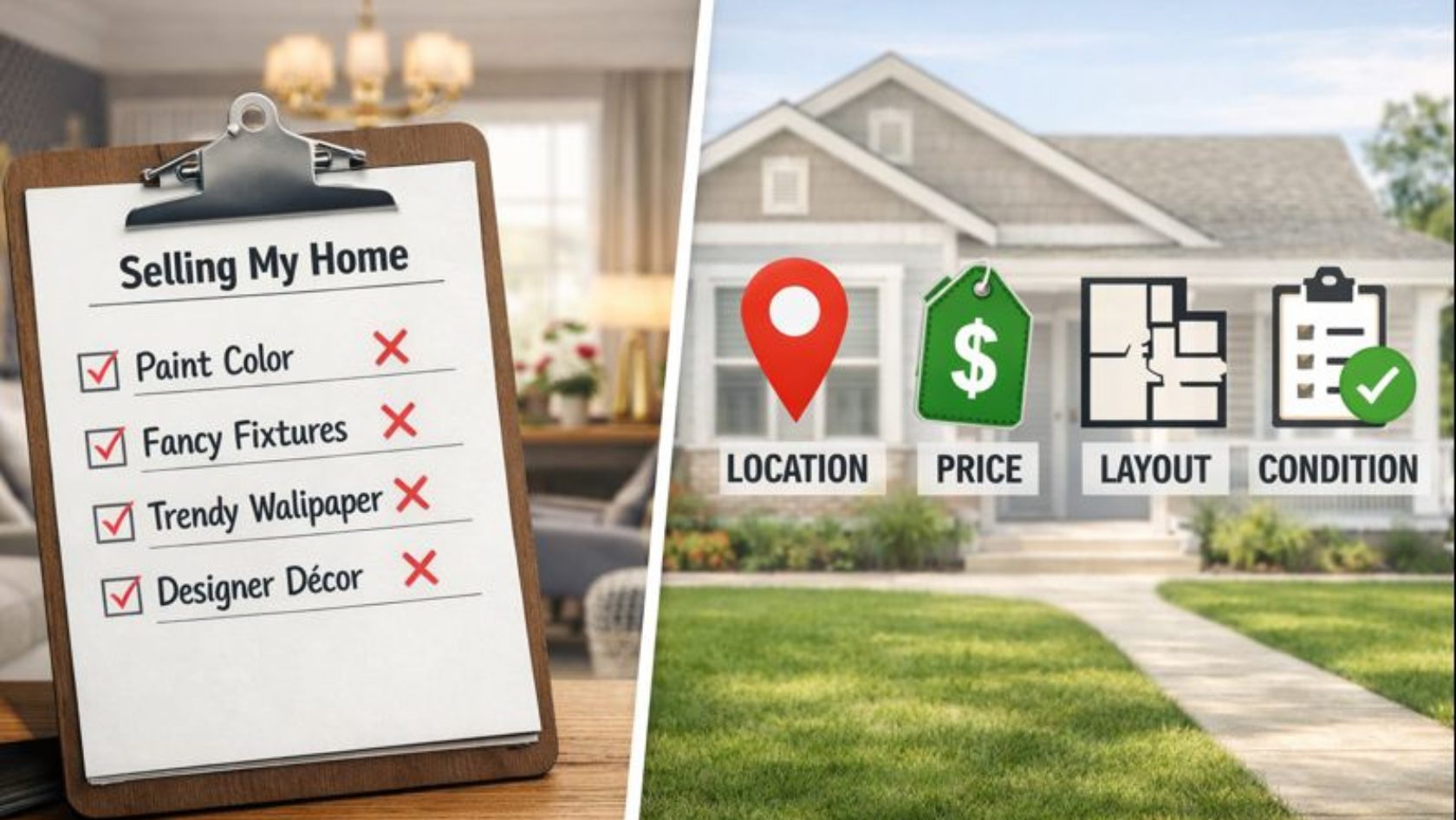 A comparison graphic for home sellers in Jonesboro, Arkansas, showing a clipboard with cosmetic items like paint and wallpaper marked with red X's alongside a house featuring priority icons for location, price, layout, and condition.