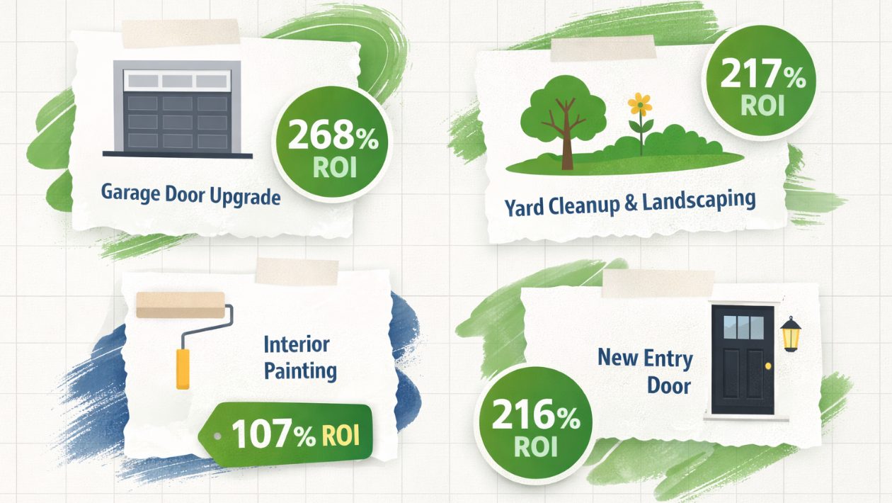 Infographic showing ROI for home improvements: garage door upgrade at 268 percent, yard cleanup at 217 percent, interior painting at 107 percent, and new entry door at 216 percent.