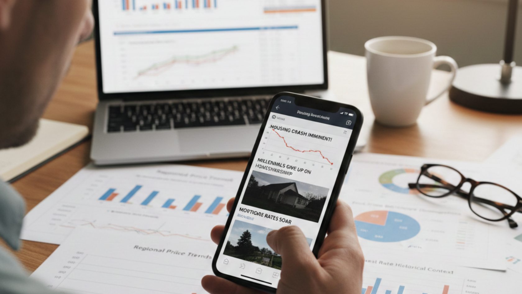 Person in Jonesboro AR looking at a smartphone with housing market crash headlines and real estate data charts on a desk.
