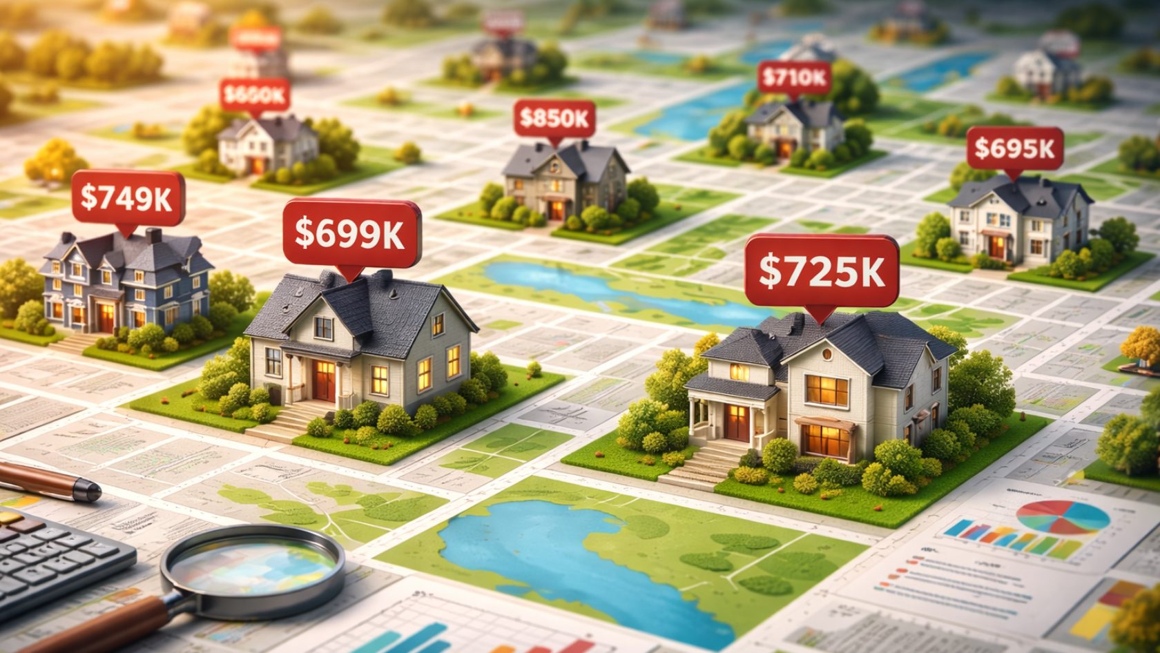 3D architectural rendering of a suburban neighborhood with digital price tags ranging from $695K to $850K, showcasing real estate market value analysis.