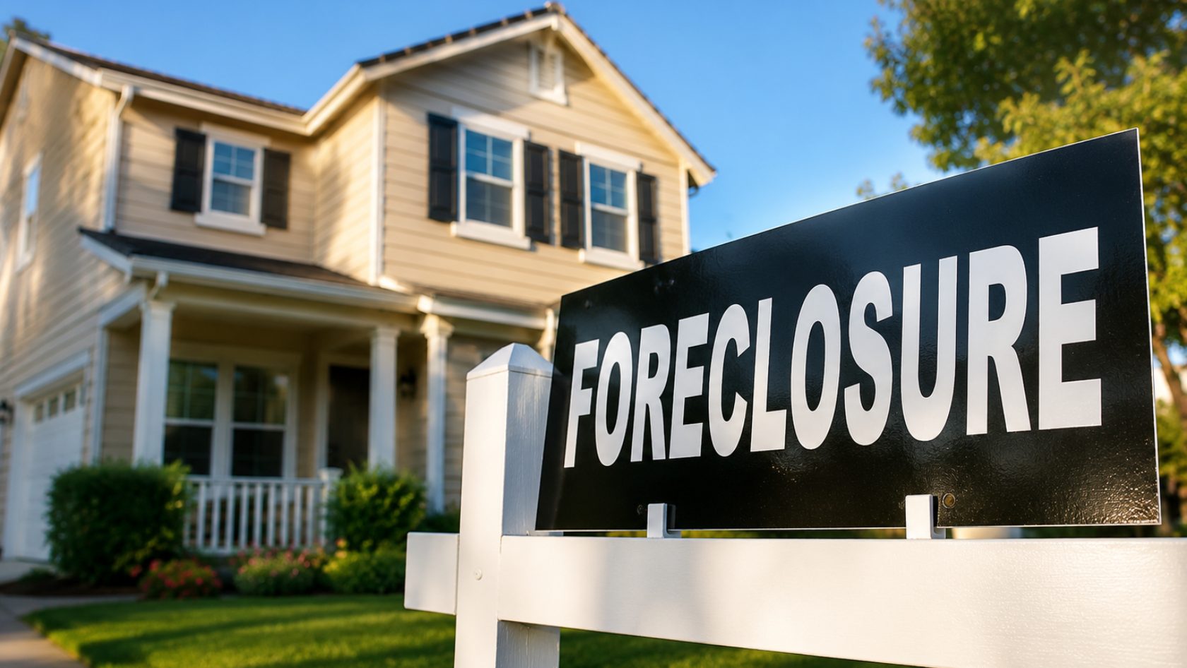 Foreclosure sign in front of a two-story home representing foreclosed homes for sale in Jonesboro, Arkansas.